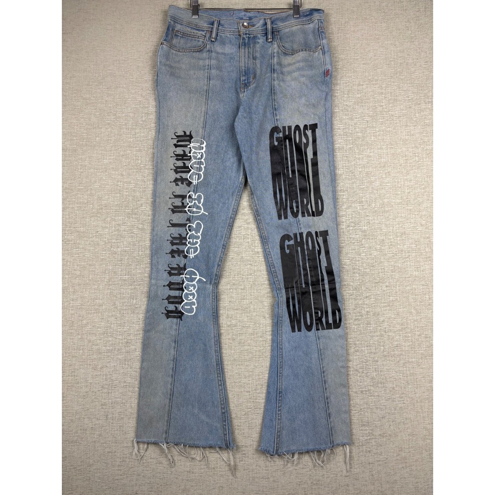 Custom Ghost World Graphic Light Blue Washed Frayed Hem Jeans 33x32 Streetwear
